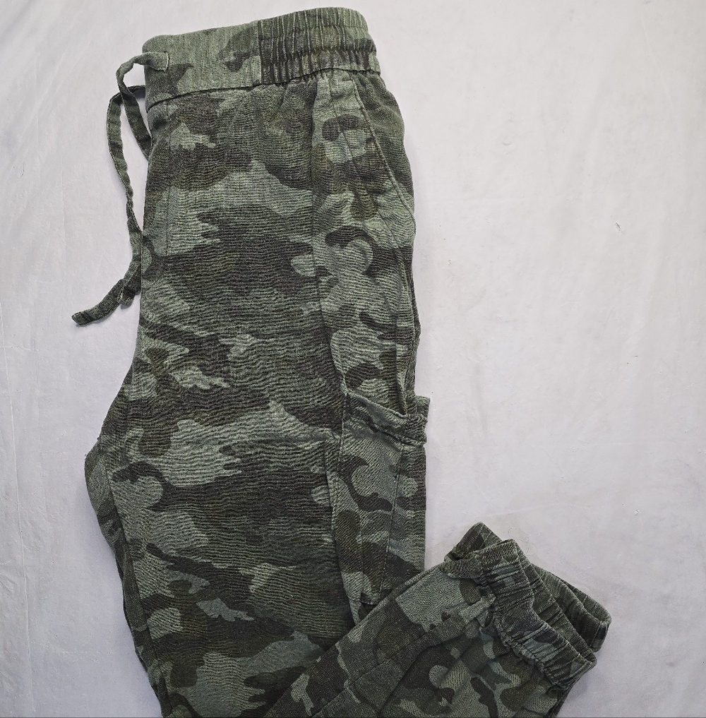 Old Navy Pullon Cargo Jogger Pants Green Camo Linen Blend Drawstring Utility M